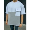 Unisex Torba Cep Detaylı  Parçalı T-Shirt - Gri