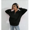 Unisex Uzun Kol Yarım Farmuarlı Yakalı Basic SweatShirt - Siyah