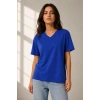 V Yaka Basic Tişört Kısa Kol Yazlık Regular Fit T-Shirt - Saks Mavisi
