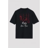 Yılbaşı Happy New Year Baskılı Kısa Kollu Oversize Bisiklet Yaka T-shirt - Siyah