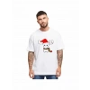 Yılbaşı Noel Ren Geyiği Baskılı Kısa Kollu Oversize Bisiklet Yaka T-shirt - Beyaz