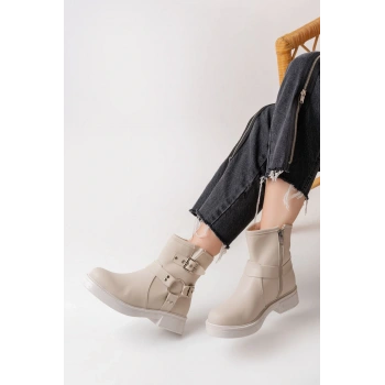 02-2013 Bej Toka Aksesuarlı Fermuarlı Günlük Kadın Bot