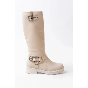 02-312 Bej Toka Aksesuarlı Fermuarlı Günlük Kadın Çizme