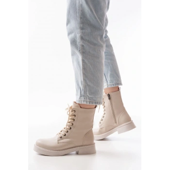 02-356 Bej Düz Topuklu Bağcıklı Fermuarlı Günlük Kadın Bot