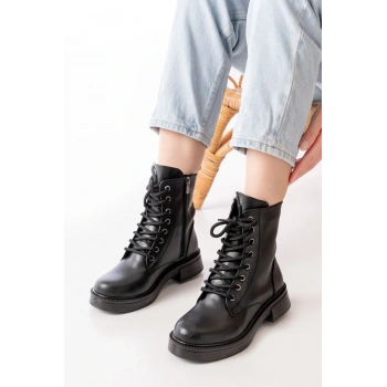 02-356 Siyah Düz Topuklu Bağcıklı Fermuarlı Günlük Kadın Bot