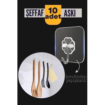 10'lu Şeffaf Kendinden Yapışkanlı Güçlü Askı Kancası, Banyo Mutfak Organizer, İz Bırakmaz Pratik Askı