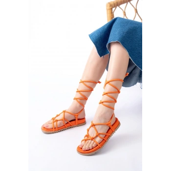 1001-1001 Orange Bilekten Bağcıklı Kadın Sandalet