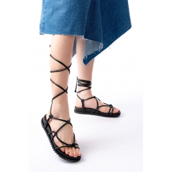 1001-1001 Siyah Bilekten Bağcıklı Kadın Sandalet