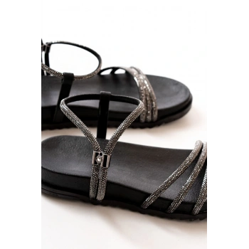 1001-1100 Siyah Platin Taşlı Günlük Kadın Sandalet