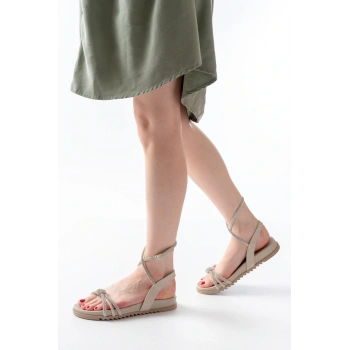 1001-1120 Bej Gümüş Taşlı Günlük Kadın Sandalet