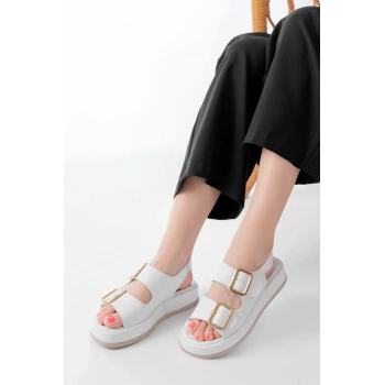 1187 Beyaz Dolgu Topuk Lastik Baretli  Kadın Sandalet