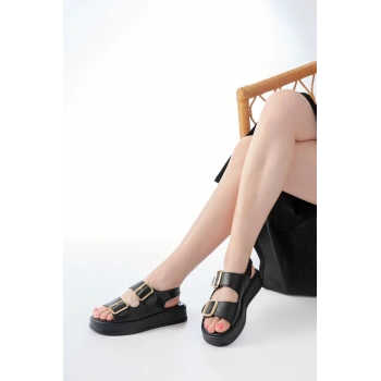 1187 Siyah Dolgu Topuk Lastik Baretli  Kadın Sandalet
