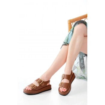 1187 Taba Dolgu Topuk Lastik Baretli  Kadın Sandalet