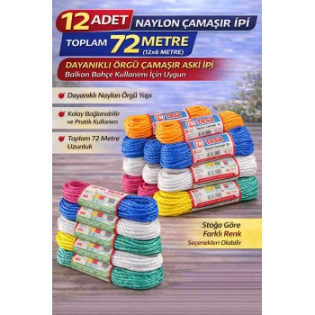 12 Adet Naylon Çamaşır İpi 6 Metre Dayanıklı Örgü Çamaşır Askı İpi Toplam 72 Metre