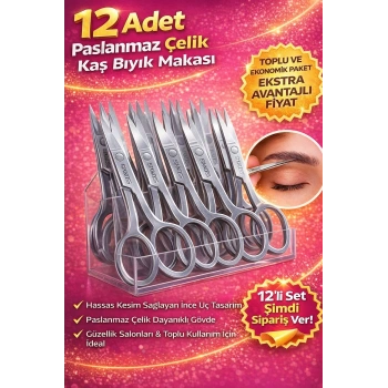 12 Adet Paslanmaz Çelik Kaş Bıyık Makası Profesyonel Kaş Düzeltme Makası Hassas Uçlu Kaş Alma Makası