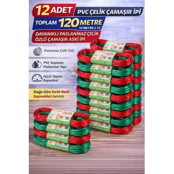 12 Adet PVC Çelik Çamaşır İpi 10 Metre Dayanıklı Çelik Özlü Çamaşır Askı İpi Toplam 120 Metre