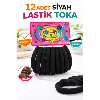 12 Adet Siyah Lastik Toka Kalın Saç Lastiği Dayanıklı Esnek Saç Toplama Tokası Kadın ve Kız Çocuk Saç Aksesuarı