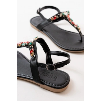 152-1110 Siyah Multi Taşlı Parmak Arası Kadın Sandalet
