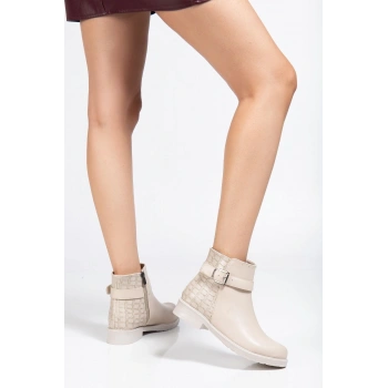 165-204/1 Bej Kroko Toka Aksesuarlı Fermuarlı Günlük Kadın Bot