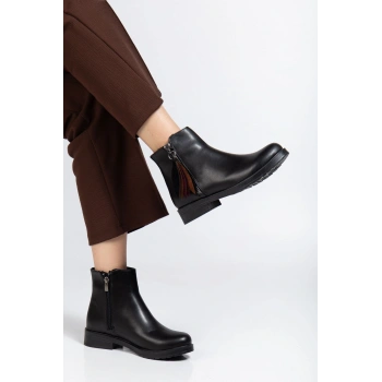 165-205 Siyah Cilt Yaprak Desenli Fermuarlı Günlük Kadın Bot