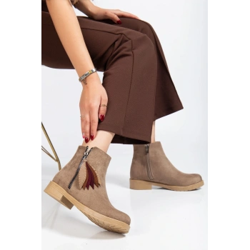 165-205 Vizon Süet  Yaprak Desenli Fermuarlı Günlük Kadın Bot