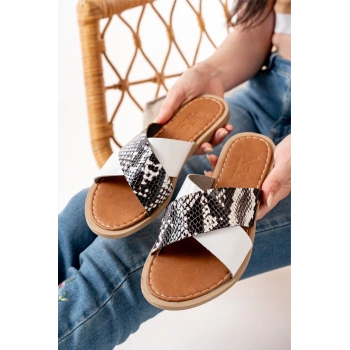 169-076 Beyaz Ortopedik Hakiki Deri Çapraz Bantlı Kadın Terlik