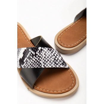 169-076 Siyah Ortopedik Hakiki Deri Çapraz Bantlı Kadın Terlik