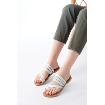 169-160 Beyaz  Örgülü Ortopedik Taban Parmak Arası Hakiki Deri Kadın Terlik