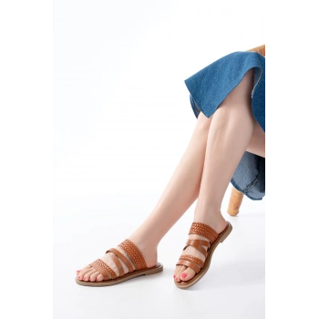 169-161 Taba Örgülü Ortopedik Taban Hakiki Deri Kadın Sandalet