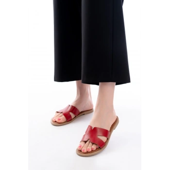 169-6100 Kırmızı Ortopedik Hakiki Deri Kadın Terlik