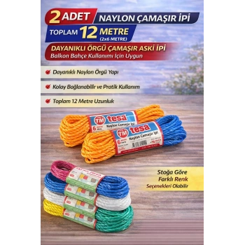 2 Adet Naylon Çamaşır İpi 6 Metre Dayanıklı Örgü Çamaşır Askı İpi Toplam 12 Metre
