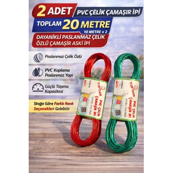2 Adet PVC Çelik Çamaşır İpi 10 Metre Dayanıklı Çelik Özlü Çamaşır Askı İpi Toplam 20 Metre