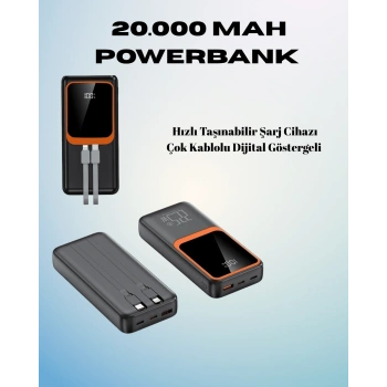20000 mAh Powerbank | Çok Kablolu, Dijital Göstergeli, Yüksek Hızlı Şarj Cihazı