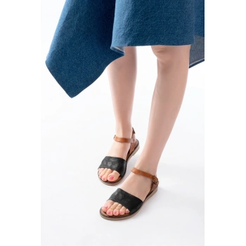 205-012 Siyah Ortopedik Hakiki Deri Kadın Sandalet