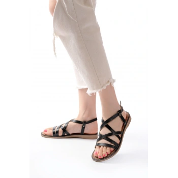 205-017 Siyah Ortopedik Hakiki Deri Kadın Sandalet