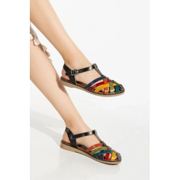 205-02 Siyah Multi Ortopedik Hakiki Deri Kadın Sandalet