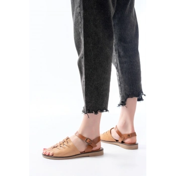 205-029 Bej Ortopedik Hakiki Deri Kadın Sandalet