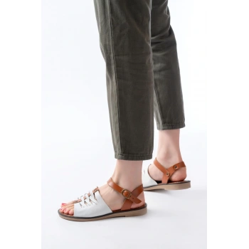 205-029 Beyaz Ortopedik Hakiki Deri Kadın Sandalet