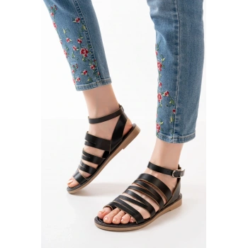 205-041 Siyah Ortopedik Hakiki Deri Kadın Sandalet