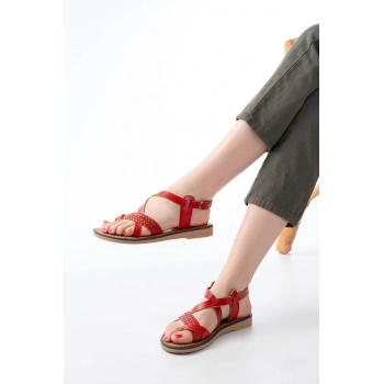 205-09 Kırmızı Ortopedik Hakiki Deri Kadın Sandalet