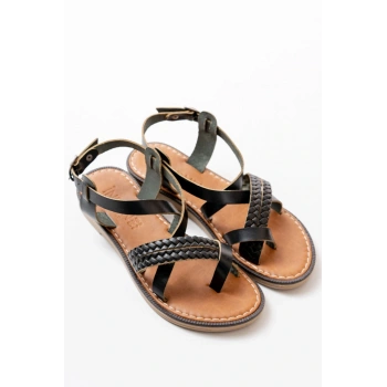 205-09 Siyah Ortopedik Hakiki Deri Kadın Sandalet