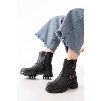 2051-2014 Siyah Tokalı Düz Topuklu Tokalı Fermuarlı Günlük Kadın Bot