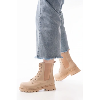 2051-298 Bej Düz Topuklu Bağcıklı Lastikli Günlük Kadın Bot