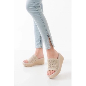 232-460 Bej Triko Günlük Ortopedik Dolgu Topuk Kadın Terlik
