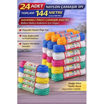 24 Adet Naylon Çamaşır İpi 6 Metre Dayanıklı Örgü Çamaşır Askı İpi Toplam 144 Metre
