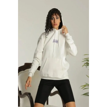 24 Sırt Baskılı Ovresize Üç İplik Kapüşonlu Sweatshirt - Beyaz