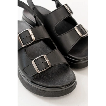 24422-1185 Siyah Dolgu Topuk Kadın Sandalet