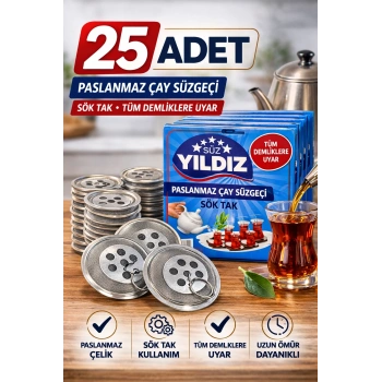 25 Adet Paslanmaz Çelik Çaydanlık Demlik Süzgeci Sök Tak Çay Süzgeci Tüm Demliklere Uyumlu Çaydanlık Filtresi