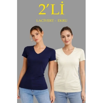 2li V Yaka Tişört – Kısa Kollu Yazlık Slim Fit Body - Lacivert - Ekru