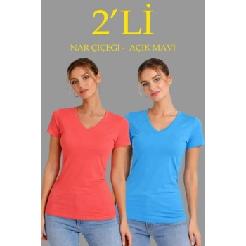 2li V Yaka Tişört – Kısa Kollu Yazlık Slim Fit Body - Nar Çiçeği - Açık Mavi